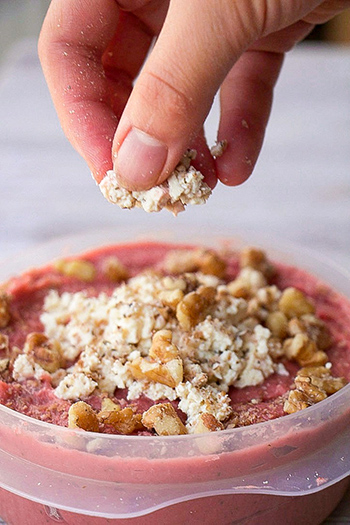 Beet Hummus with Vegan Feta Cheese & Toasted Walnuts (GF, Oil-Free, Tahini-Free)