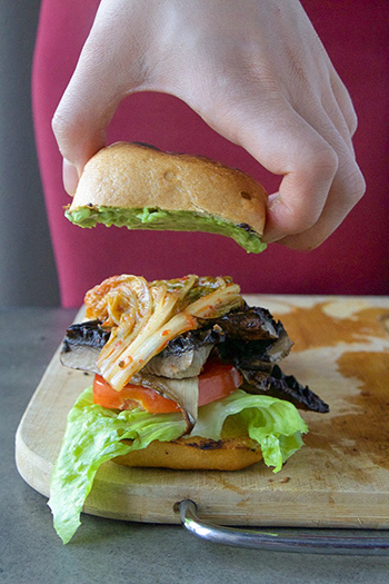 Mushroom Burger with Avocado and Kimchi (Gluten Free + Vegan)