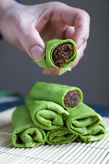 Gluten Free Low Sugar Pandan-Coconut Crepes (Kuih Dadar)