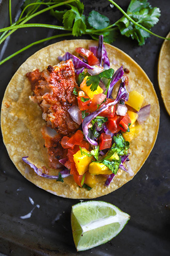 The BEST Fish Tacos with Mango salsa and Creamy Slaw (GF, DF, Oil-Free)